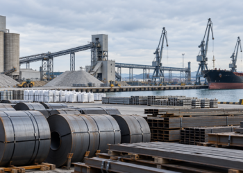La imagen creada muestra un puerto industrial con acero, materiales a granel y un buque de carga. Es adecuada como imagen de portada para el artículo; es una ilustración y no representa ningún lugar concreto.