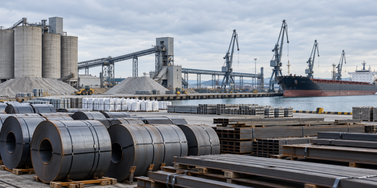 La imagen creada muestra un puerto industrial con acero, materiales a granel y un buque de carga. Es adecuada como imagen de portada para el artículo; es una ilustración y no representa ningún lugar concreto.