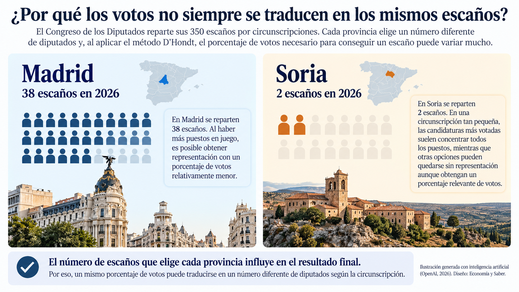 Comparación de votos y escaños en Madrid y Soria